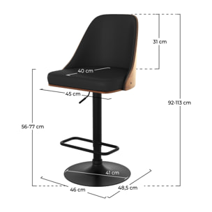 Chaise de bar réglable et pivotante en bois foncé et PU noir 56/77 cm - Georges