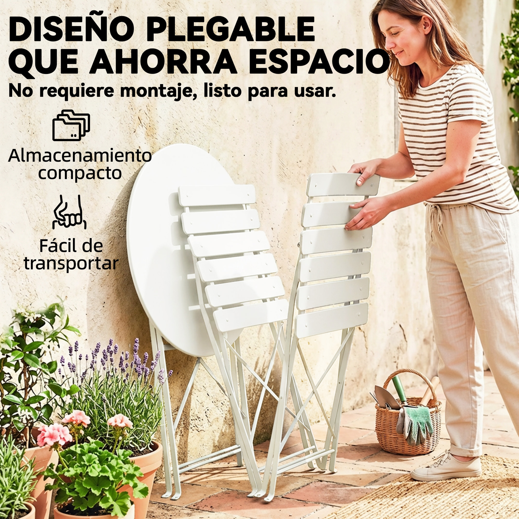 Conjunto de Mesa y Sillas de Terraza Exterior Plegable 3 Piezas, Muebles de Jardín Exterior con 2 Sillas Plegables, Mesa Redonda, Estructura Metálica Electrofórica para Patio, Balcón, Crema