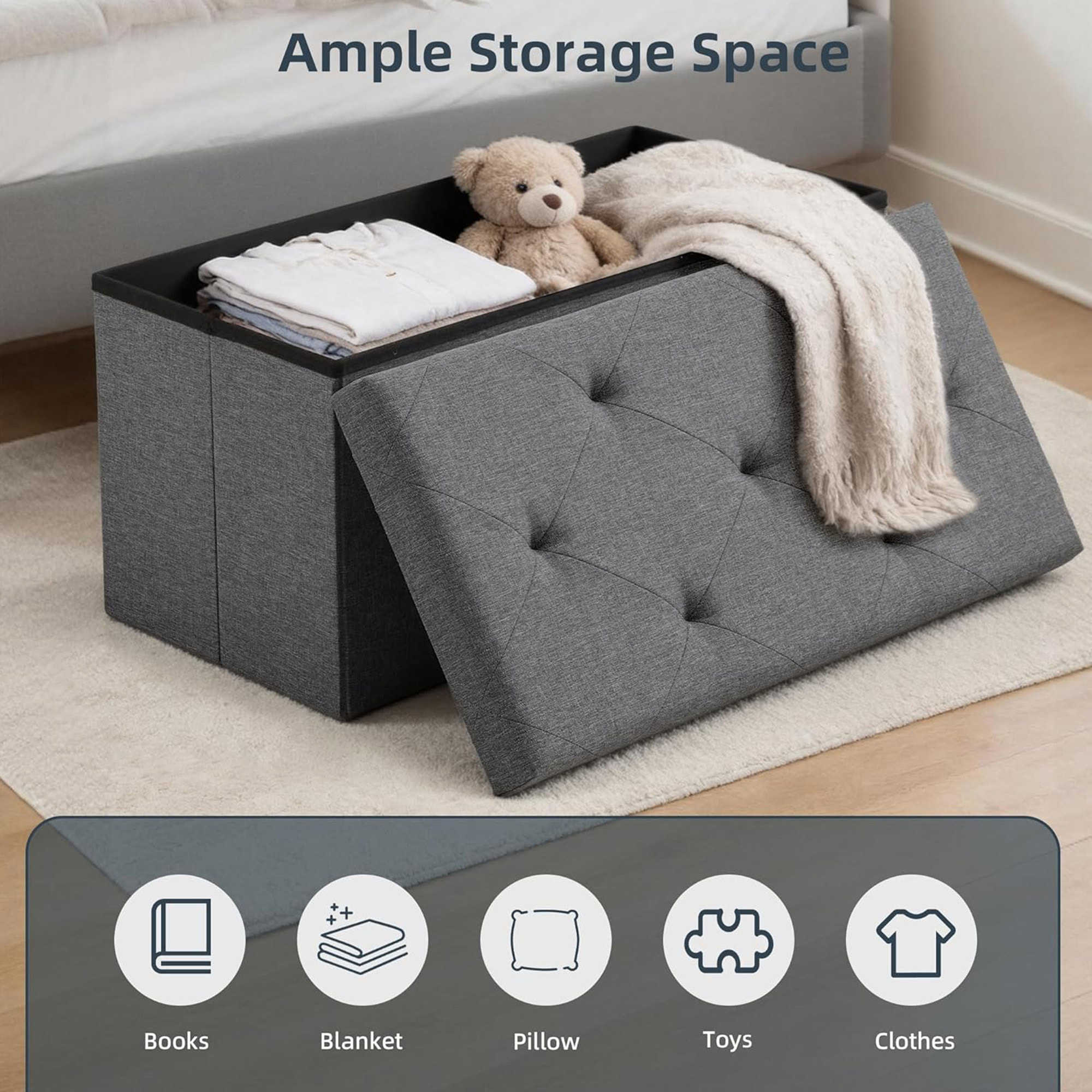 Nemora 75 - Cassapanca Ottomana 76x38x38 cm Pouf Contenitore Poggiapiedi in Tessuto Grigio