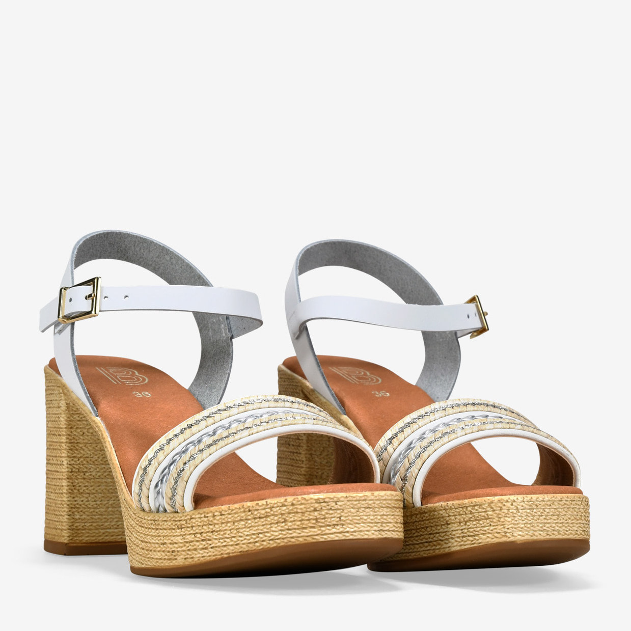 Sandalias blancas en piel con tacón efecto esparto