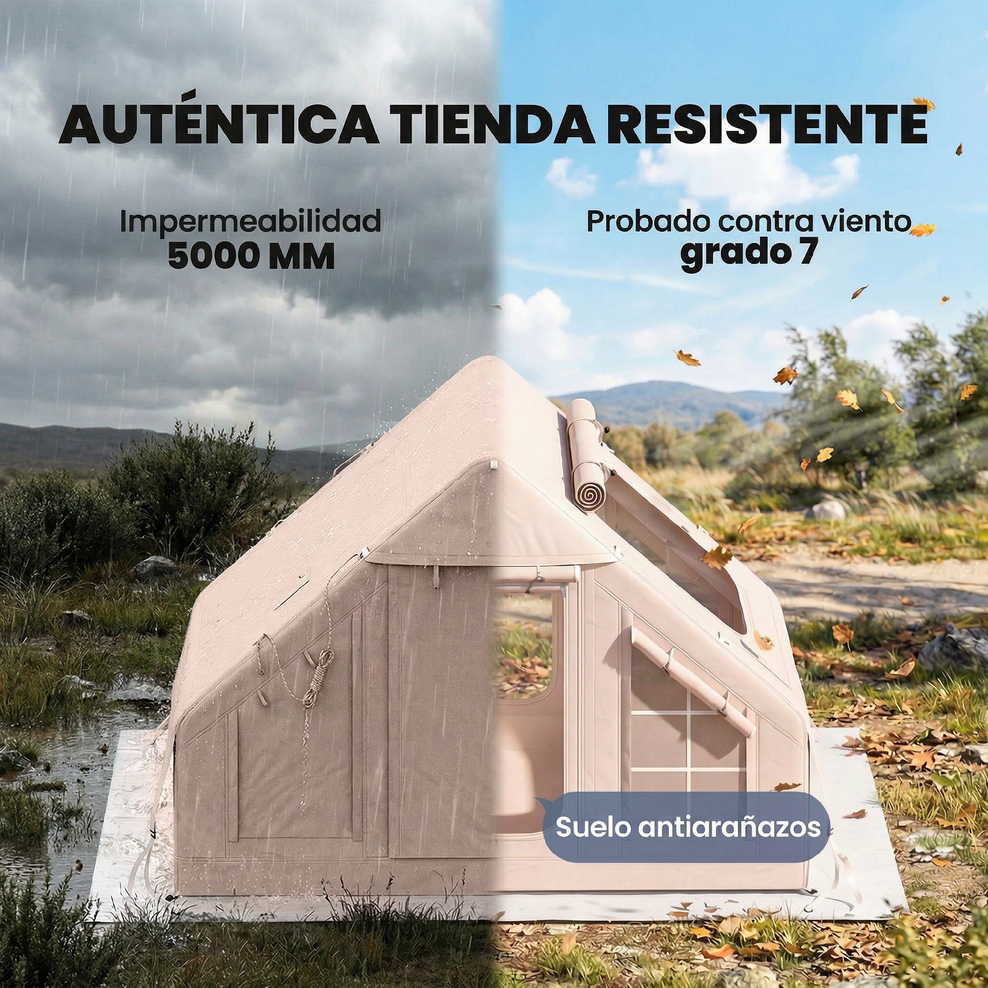 Tienda de Campaña Inflable Glamping para 5–8 Personas con Apertura de Chimenea y Claraboya Bomba UPF30+ Bolsa para 4 Estaciones Instantáneo Resistente al Viento Tela Oxford Impermeable 5000+