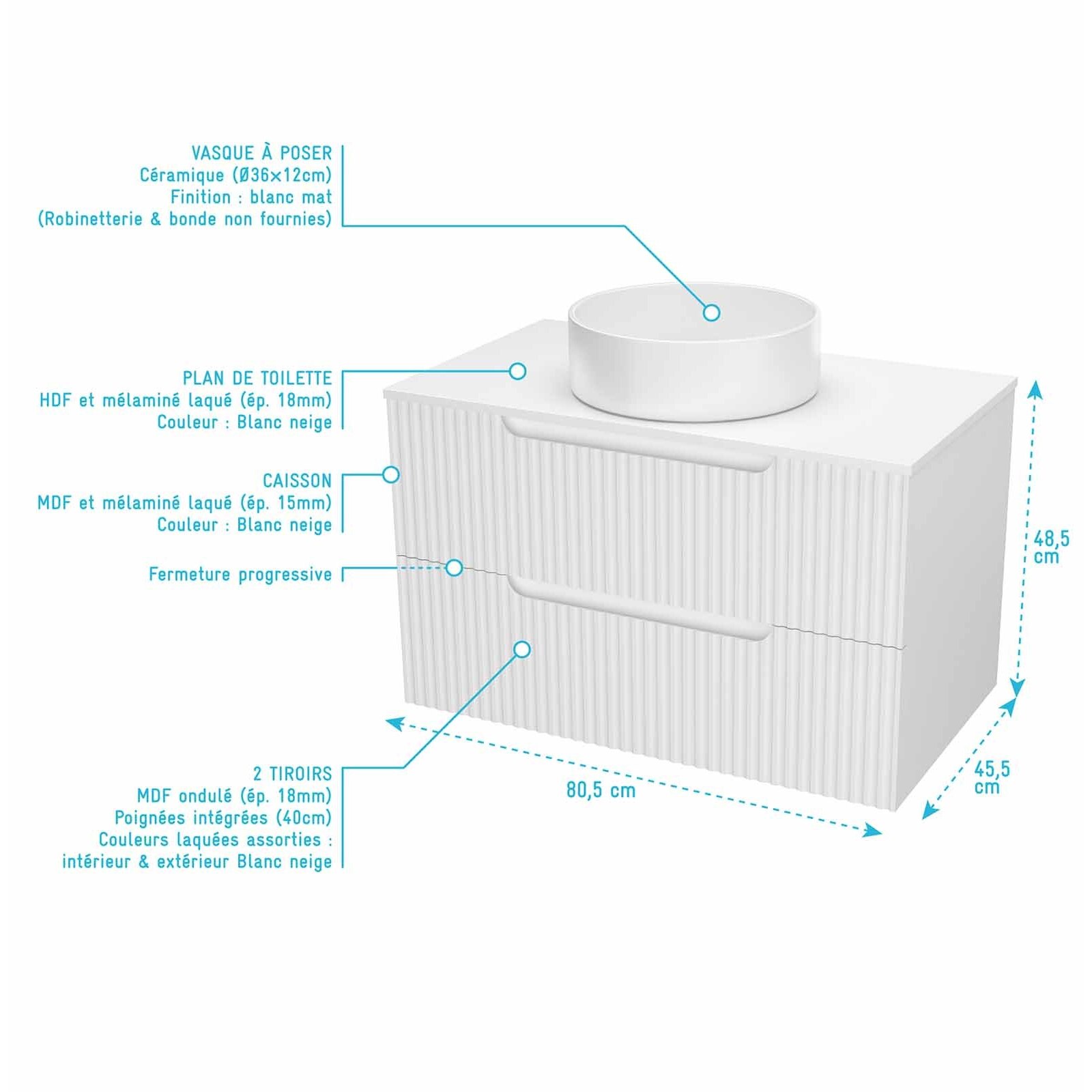 Meuble et colonne de Salle de Bains LEON 80cm Blanc Neige - Façades Ondulées - Vasque Ronde 36cm