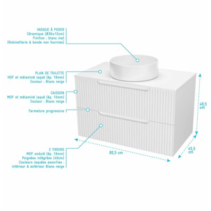 Meuble et colonne de Salle de Bains LEON 80cm Blanc Neige - Façades Ondulées - Vasque Ronde 36cm