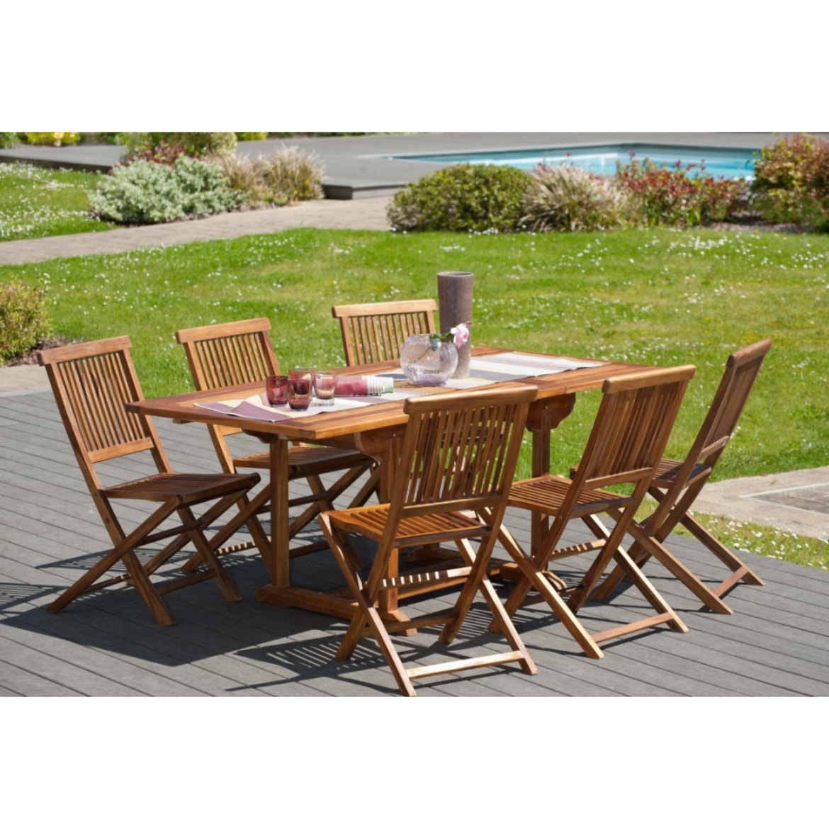 HANNA - SALON DE JARDIN EN BOIS TECK HUILE 4/6 pers : 1 Table rectangulaire extensible 120*180/90 cm et 6 chaises