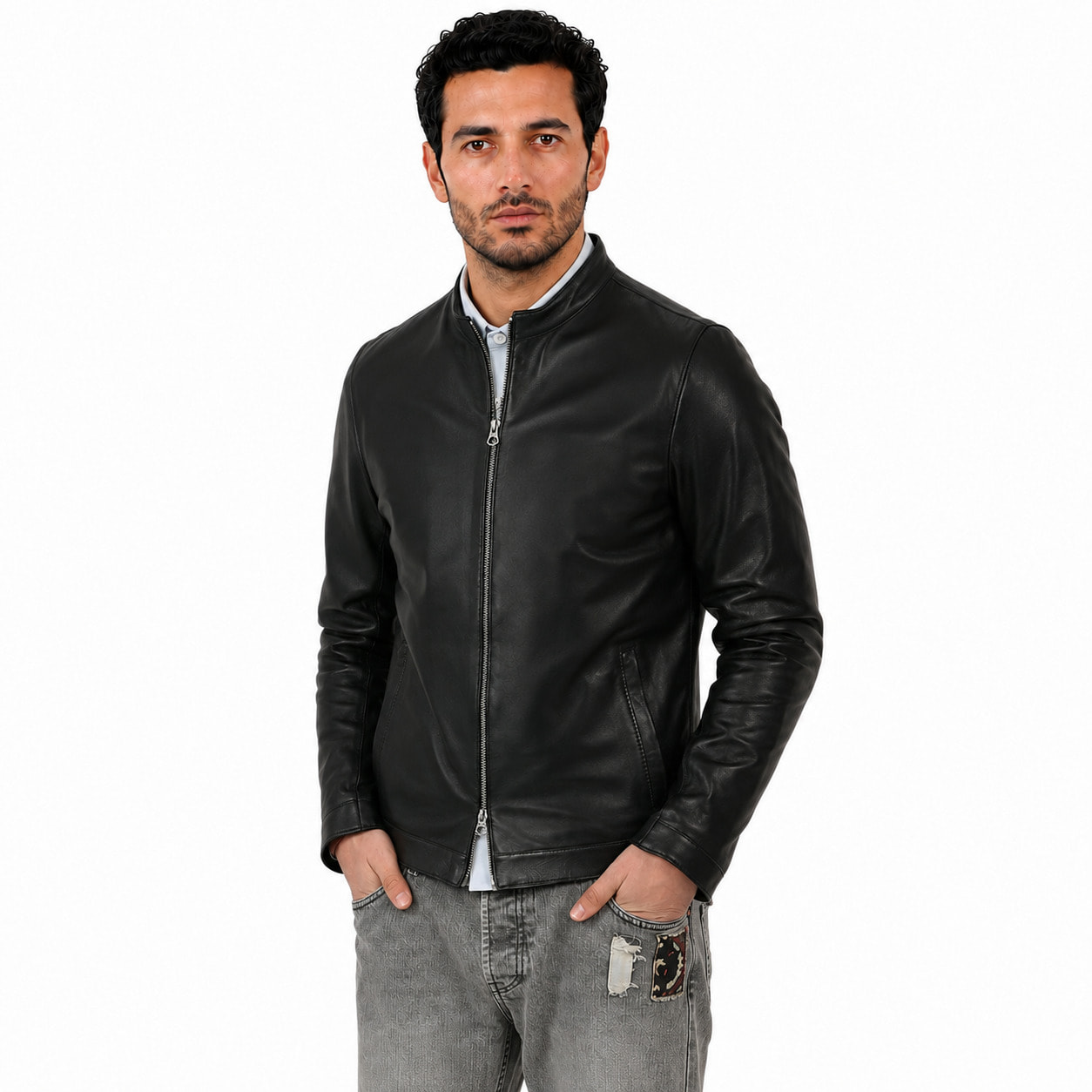 Giubbino in pelle di vitello nappa Nero-Slim Fit