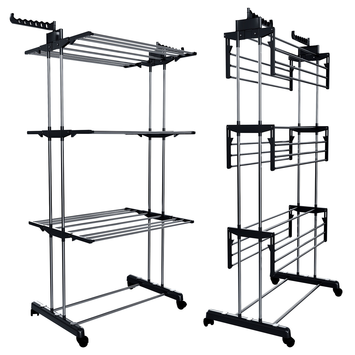 Stendibiancheria A Rotelle Stendino A Torre Verticale In Acciaio E ABS 4 Piani Pieghevole Salvaspazio Con Ali Richiudibile Biancheria Interno Nero