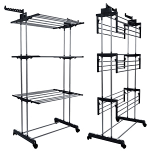 Stendibiancheria A Rotelle Stendino A Torre Verticale In Acciaio E ABS 4 Piani Pieghevole Salvaspazio Con Ali Richiudibile Biancheria Interno Nero