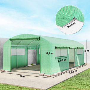 Invernadero de Exterior 6x3x2 m, Invernadero de Túnel con 3 Puertas Enrollables, Ventanas de Malla, Cubierta PE 140g/m² Anti-UV y Marco de Acero Galvanizado, para Cultivos, Plantas, Verde