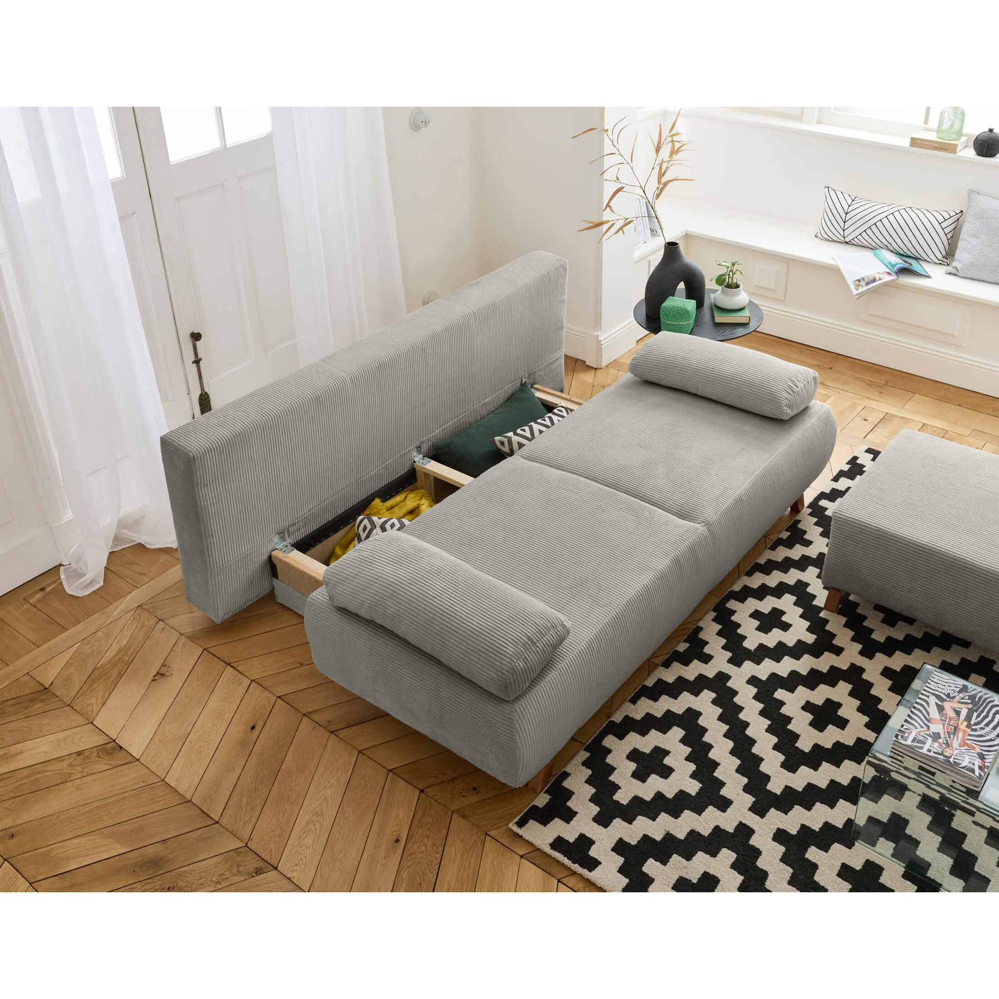Cristal - canapé 3 places - convertible avec coffre et pouf - en velours côtelé - Gris clair