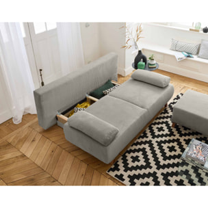 Cristal - canapé 3 places - convertible avec coffre et pouf - en velours côtelé - Gris clair