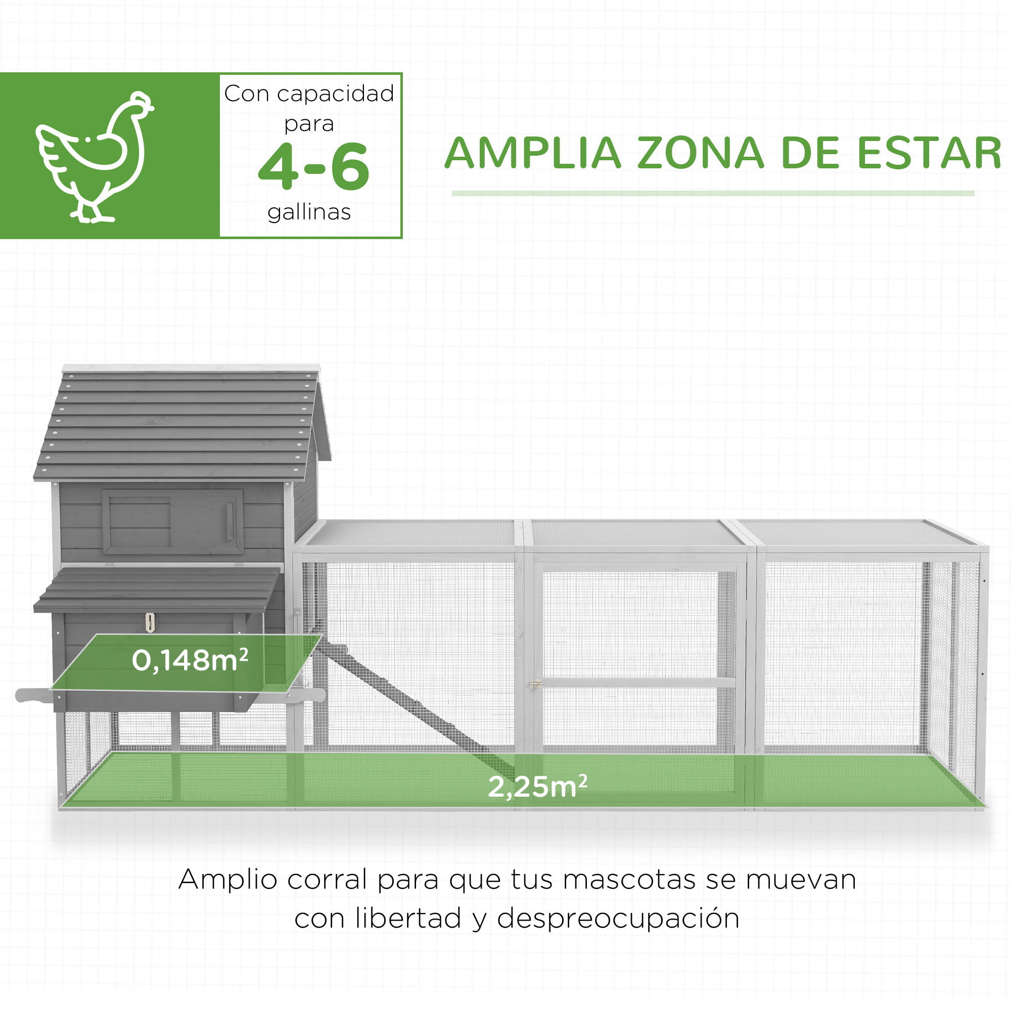 Gallinero Grande de Madera 310,5x149,5x149 cm Jaula para 4-6 Gallinas Gallinero con 2 Ventanas Puertas Nido Bandeja Extraíble y Rampa para Exterior Gris