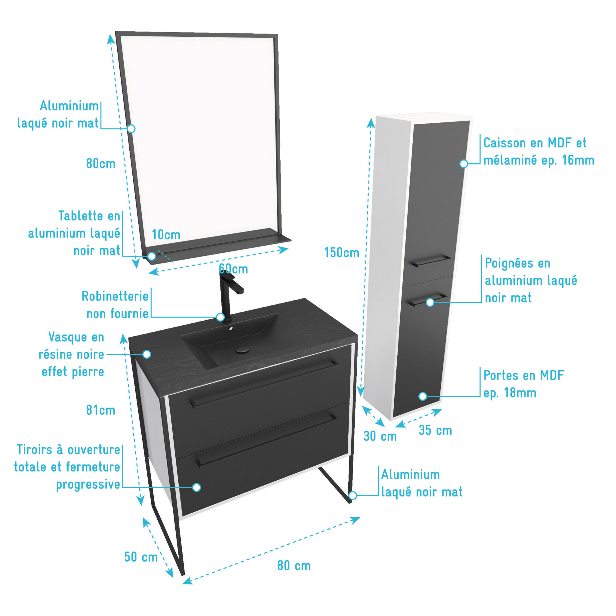 Ensemble meuble de salle de bain 80x50 cm - vasque noir effet pierre + colonne noir mat + miroir