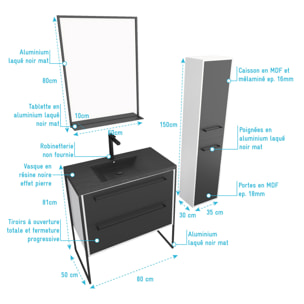 Ensemble meuble de salle de bain 80x50 cm - vasque noir effet pierre + colonne noir mat + miroir