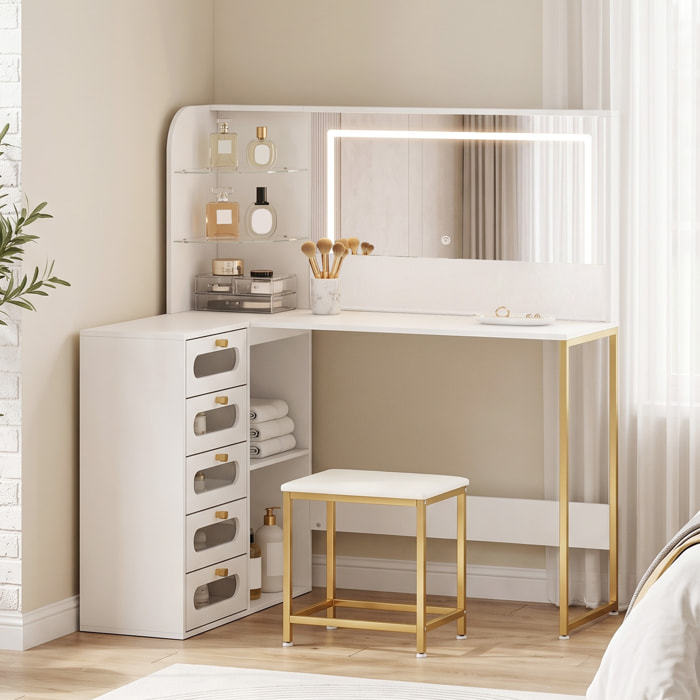 Tocador de Maquillaje con Espejo y Luces LED Regulables, Tocador con Taburete Acolchado, 2 Colores de Luz, 5 Cajones, 2 Compartimentos Abiertos y 2 Estantes de Cristal, para Dormitorio, Blanco