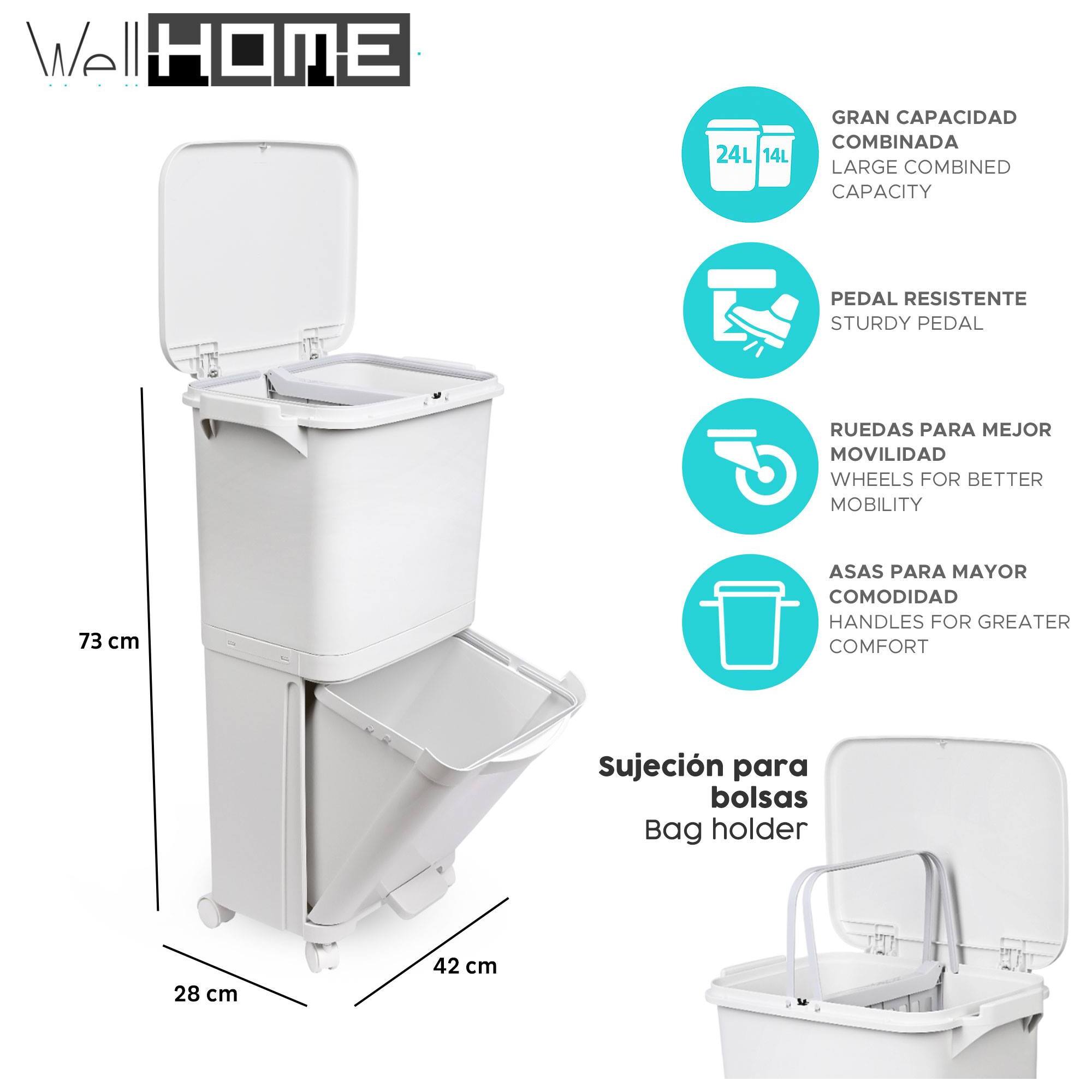 Papelera de reciclaje con 2 compartimentos de 24L + 14L, con pedal y ruedas, gris