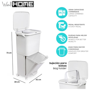 Papelera de reciclaje con 2 compartimentos de 24L + 14L, con pedal y ruedas, gris