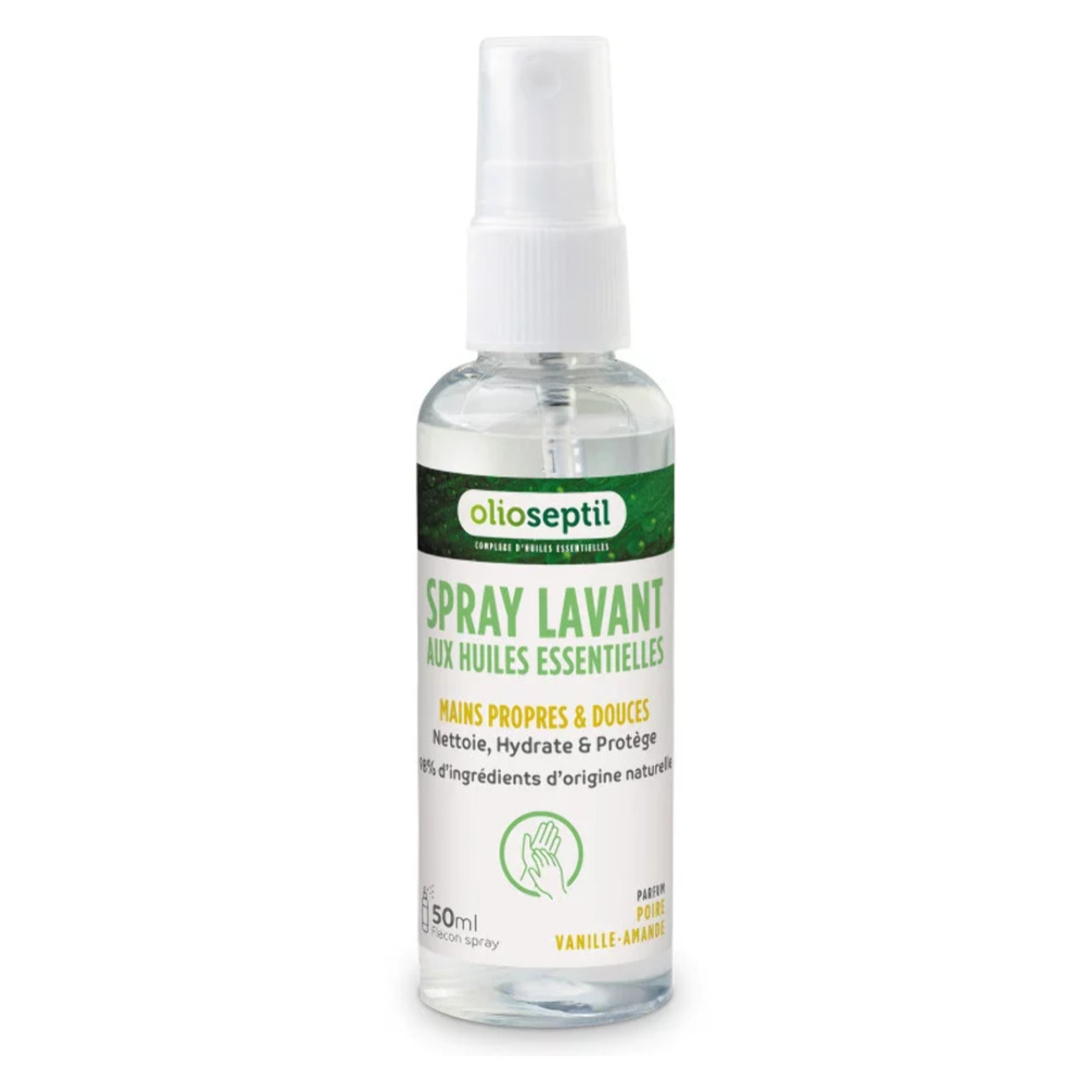 OLIOSEPTIL - Spray Lavant aux Huiles Essentielles - Mains propres & douces - 98% d'ingrédients d'origine naturelle - Nettoie, hydrate & protège - Sans rinçage - Poire Vanille-Amande - Spray 50ml