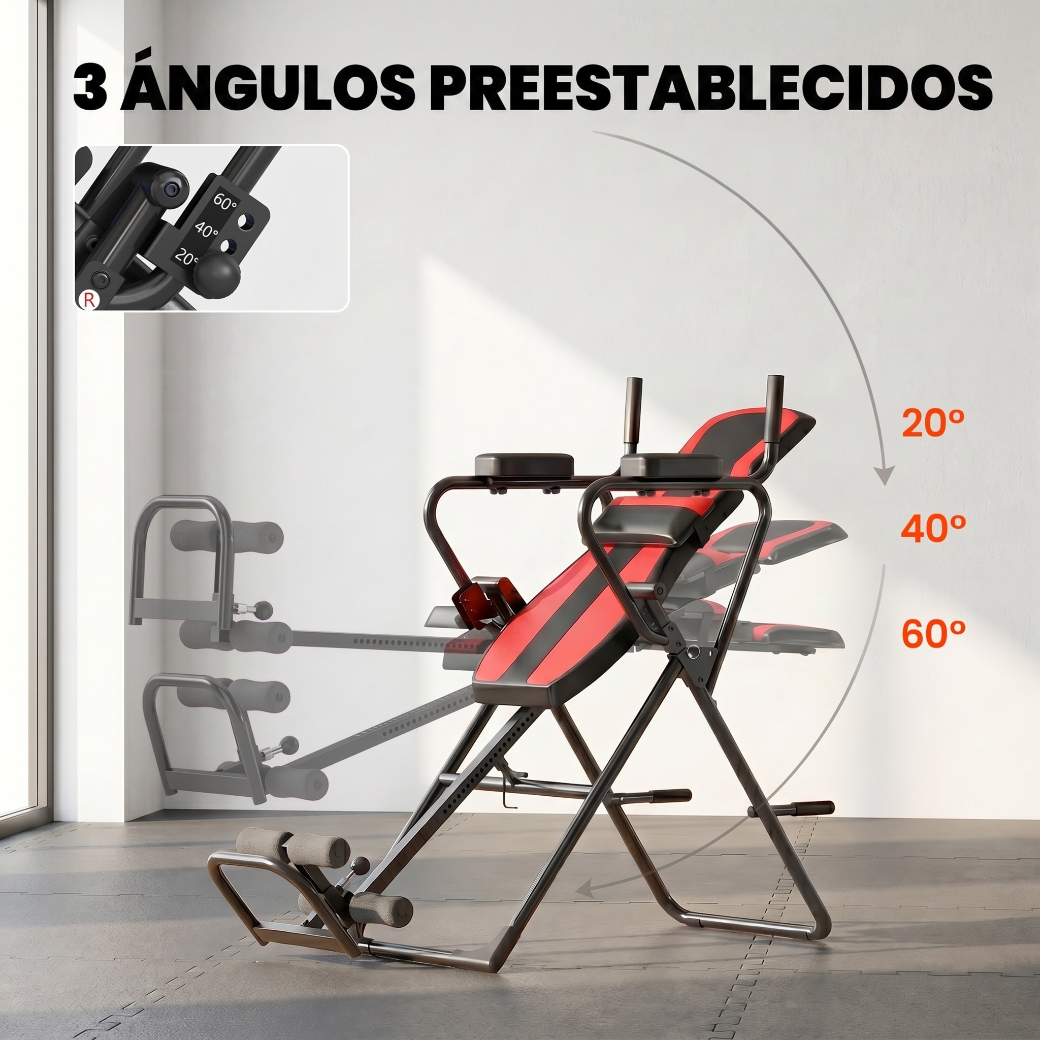 Tabla de Inversión Plegable 3 en 1 con Dominadas y Flexiones Reposacabezas Altura Ajustable 155-198 cm Ángulos 20° 40° 60° Banco de Inversión con Soporte Lumbar Tobillo Bloqueo Cinturón Rojo