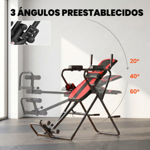 Tabla de Inversión Plegable 3 en 1 con Dominadas y Flexiones Reposacabezas Altura Ajustable 155-198 cm Ángulos 20° 40° 60° Banco de Inversión con Soporte Lumbar Tobillo Bloqueo Cinturón Rojo