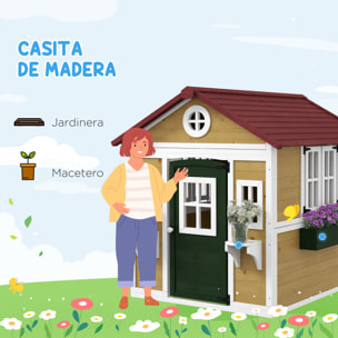 Casa de Jardín Infantil Casa de Madera para Niños con Puerta Ventanas Jardineras y Soportes de Flores 114x126,4x135 cm Madera Natural