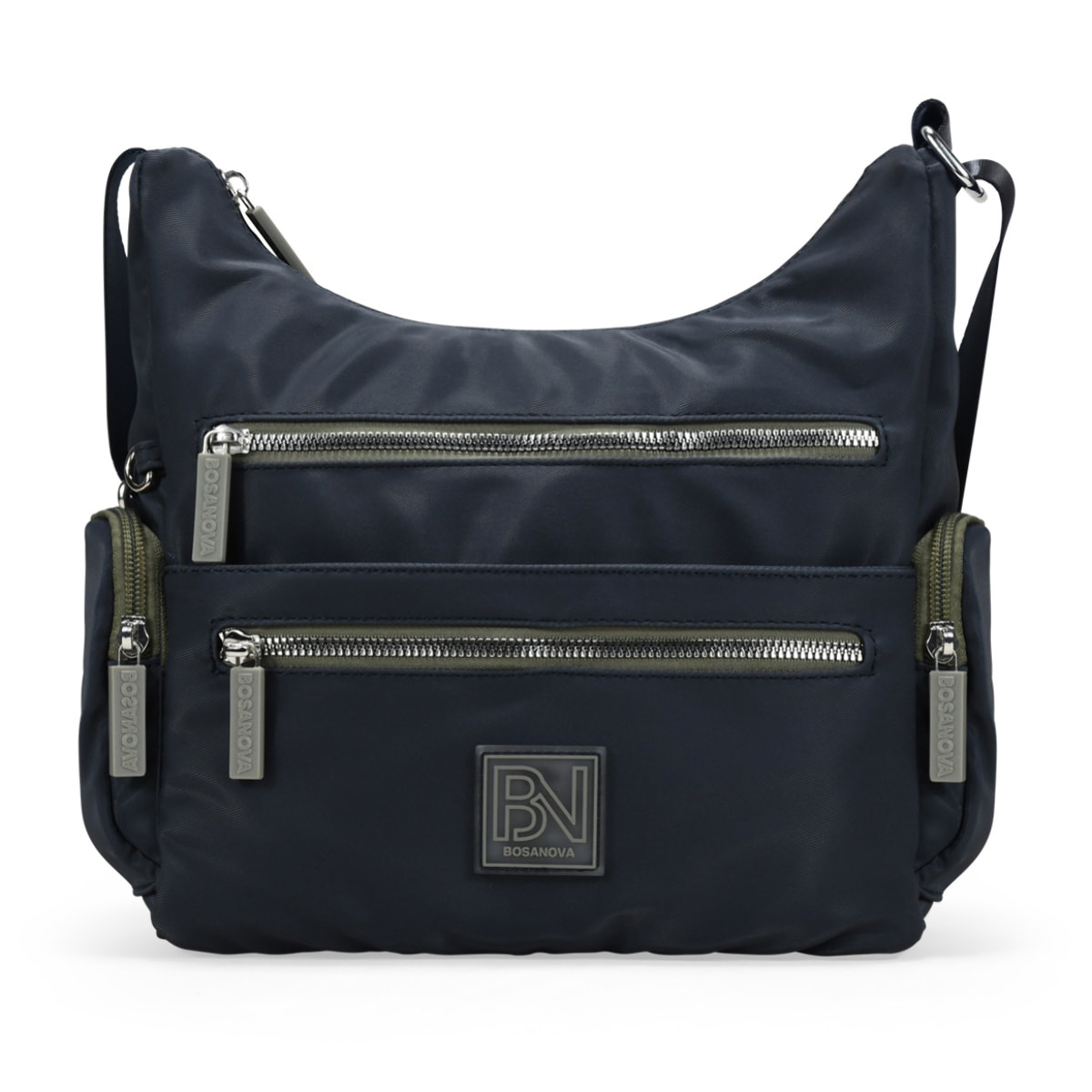 Bolso bandolera azul con cremalleras verdes