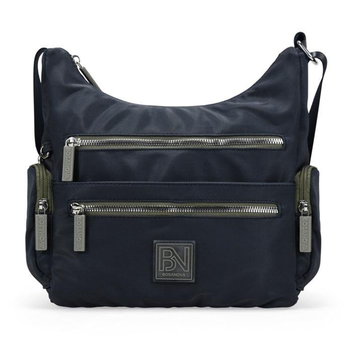 Bolso bandolera azul con cremalleras verdes