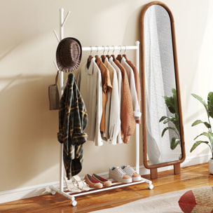 Burro Ropa con Ruedas, Perchero Burro Ropa con 5 Ganchos Barra para Colgar y Balda Inferior Perchero para Recibidor, Entrada, Dormitorio, 86x43x171 cm, Blanco