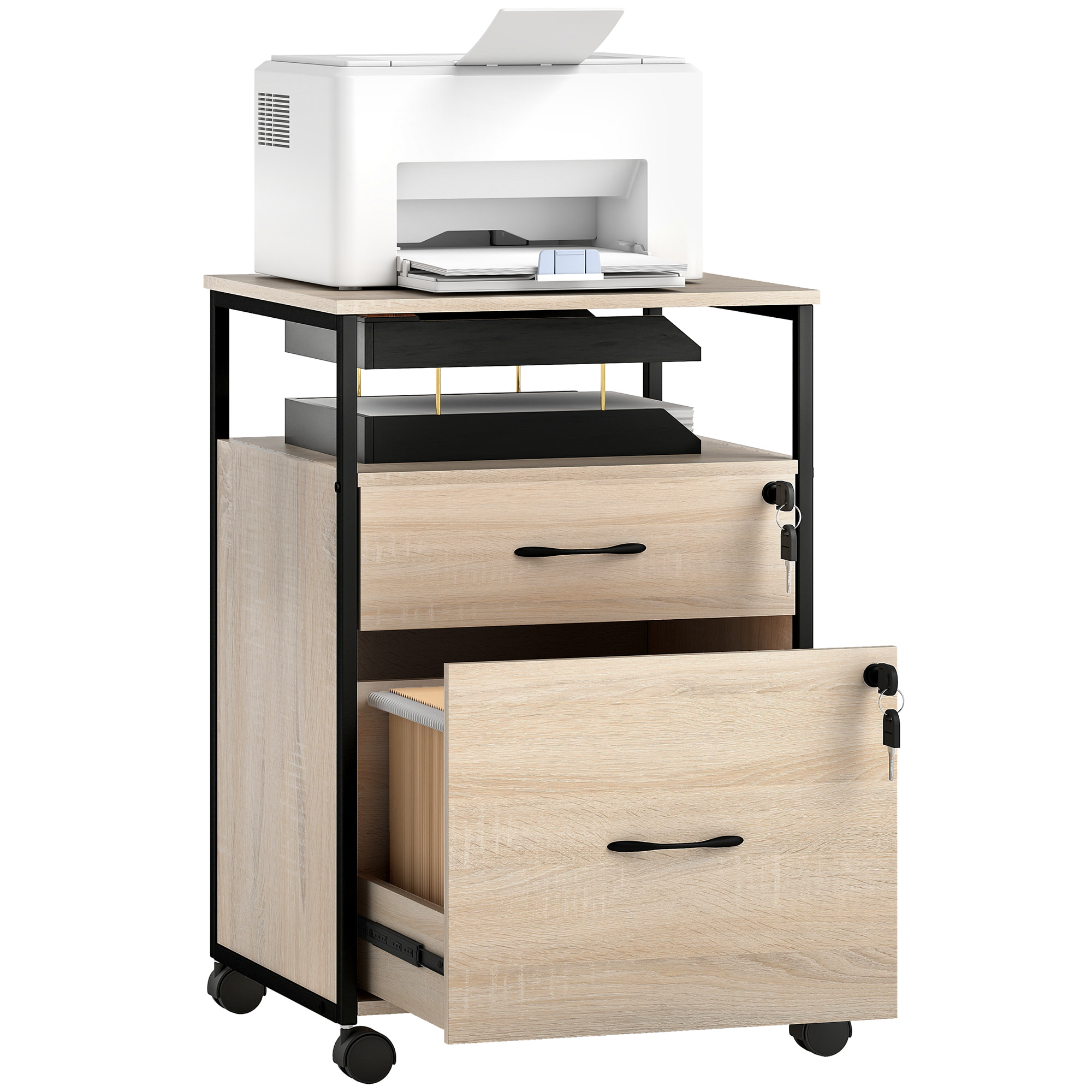 Cajonera de Oficina con 2 Cajones, Cajonera de Escritorio con Ruedas, Barra Colgante, Cerradura y 2 Llaves para A4 Carta, Archivador Móvil para Estudio, 44x40x66,5 cm, Natural