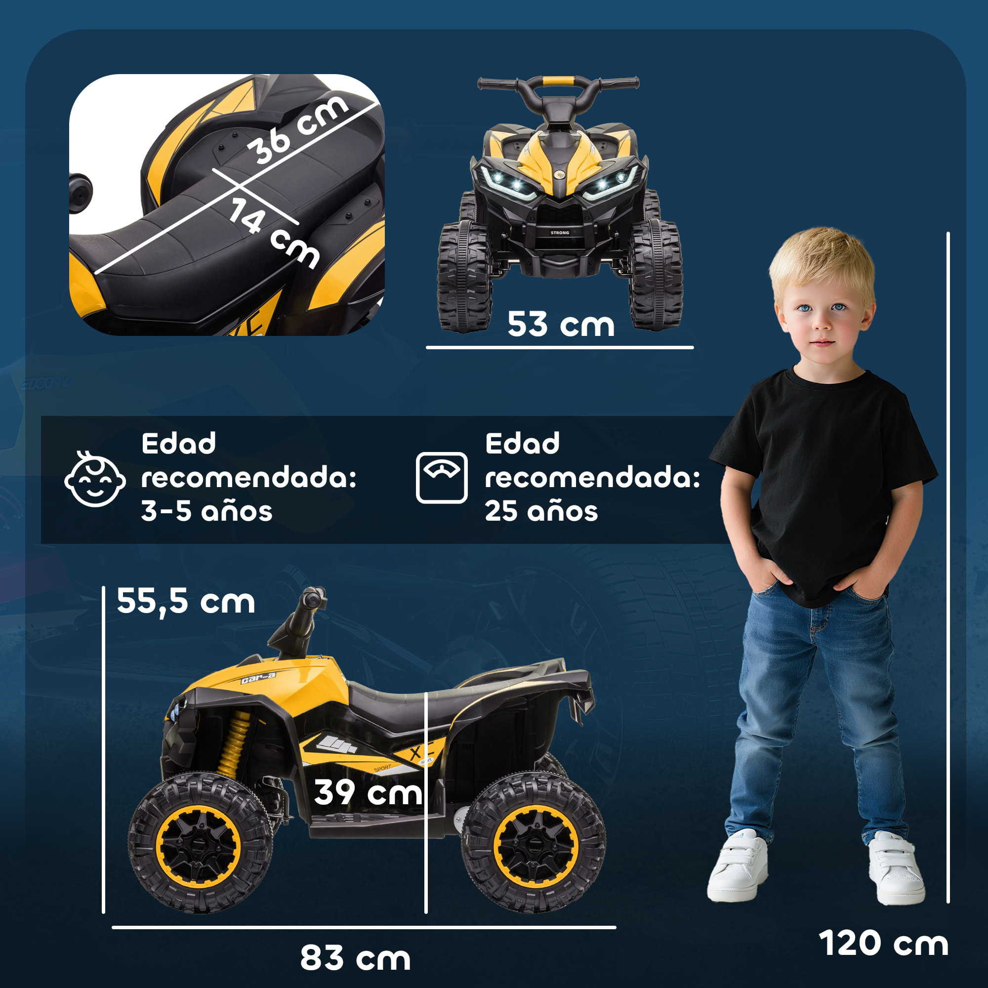 Quad Eléctrico para Niños 12V, Quad para Niños de 3-5 Años, con 2 Motores, Velocidad Ajustable 3-6km/h, Faros, Bocina, Música, USB, Avance y Retroceso, Amarillo