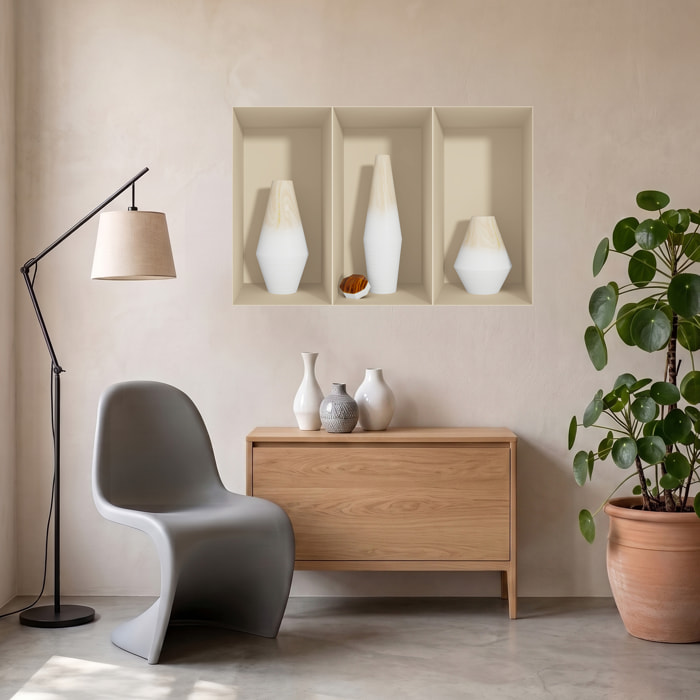 Stickers muraux 3D | Sticker Mural Autocollant effet 3D Vases en bois blanc - Stickers adhésifs 3D Chambre Salon Trompe l'oeil