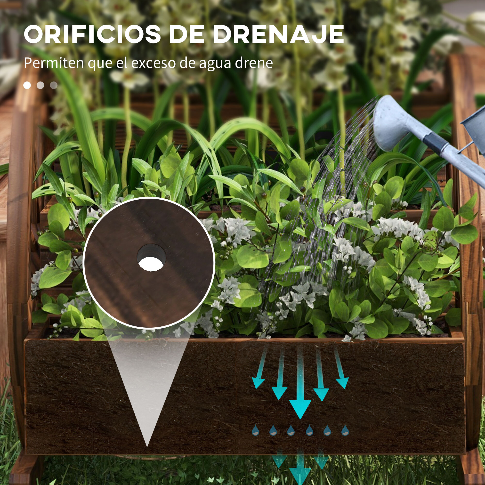 Jardinera de Madera Macetero Exterior de 3 Niveles Diseño de Escalera y Forma de Ruedas Orificios de Drenaje Huerto Urbano Cultivos Plantas Flores en Terraza Jardín 61x62x57 cm