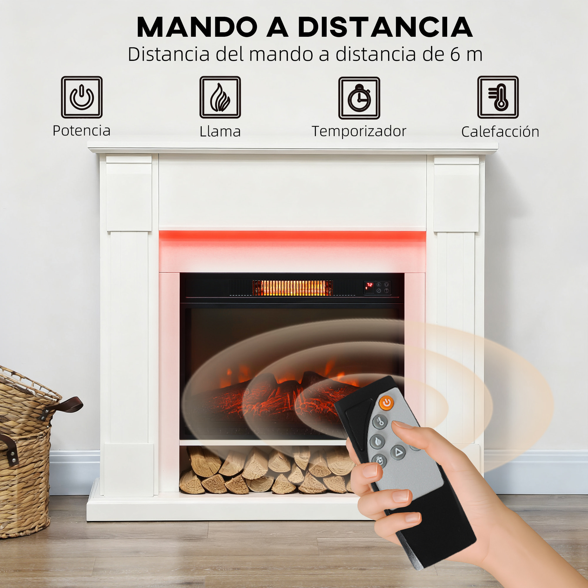 Chimenea Eléctrica Empotrable con Efecto de Llama 3D, Tira de Luz LED RGB, Chimenea Decorativa, 1800W, Temporizador, Termostato Digital, Mando a Distancia, para 30 Ã£Å½Â¡, Blanco