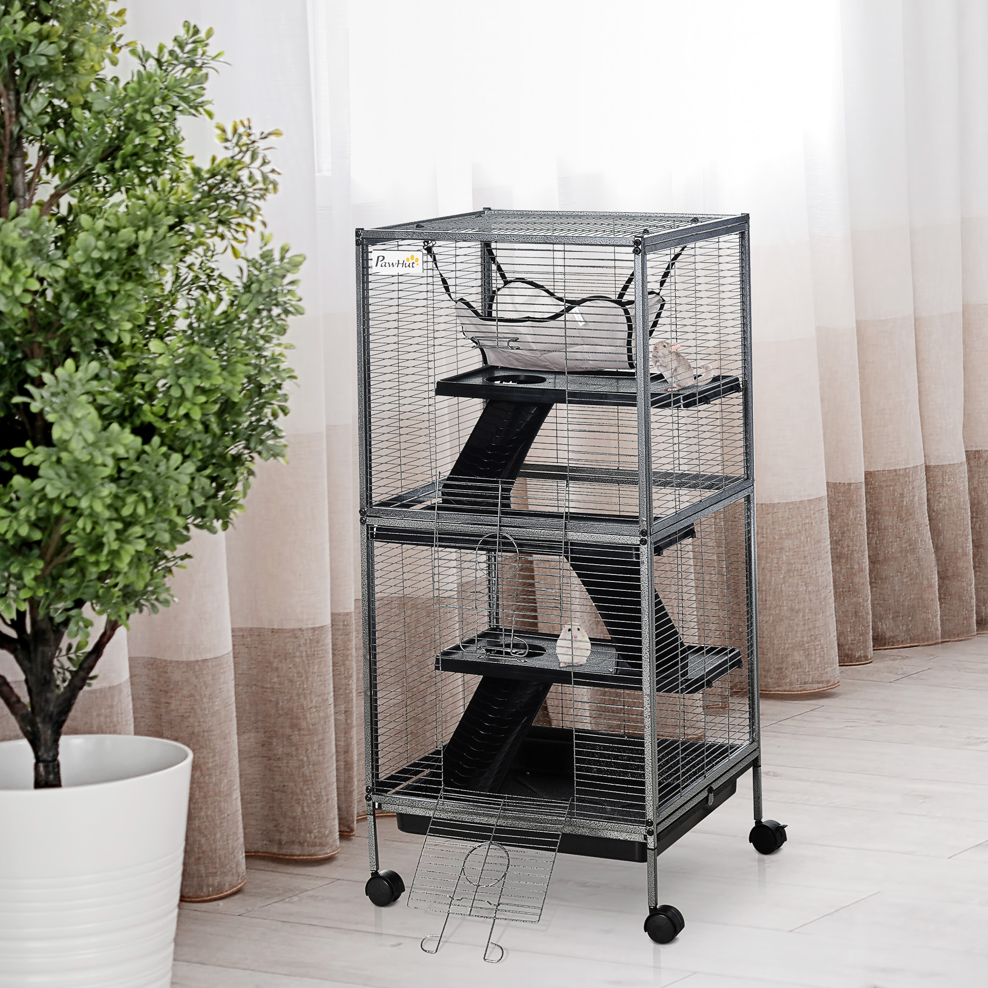 Cage pour petits animaux portable avec 2 portes hamac métal PP 52 x 52 x 113,5 cm gris