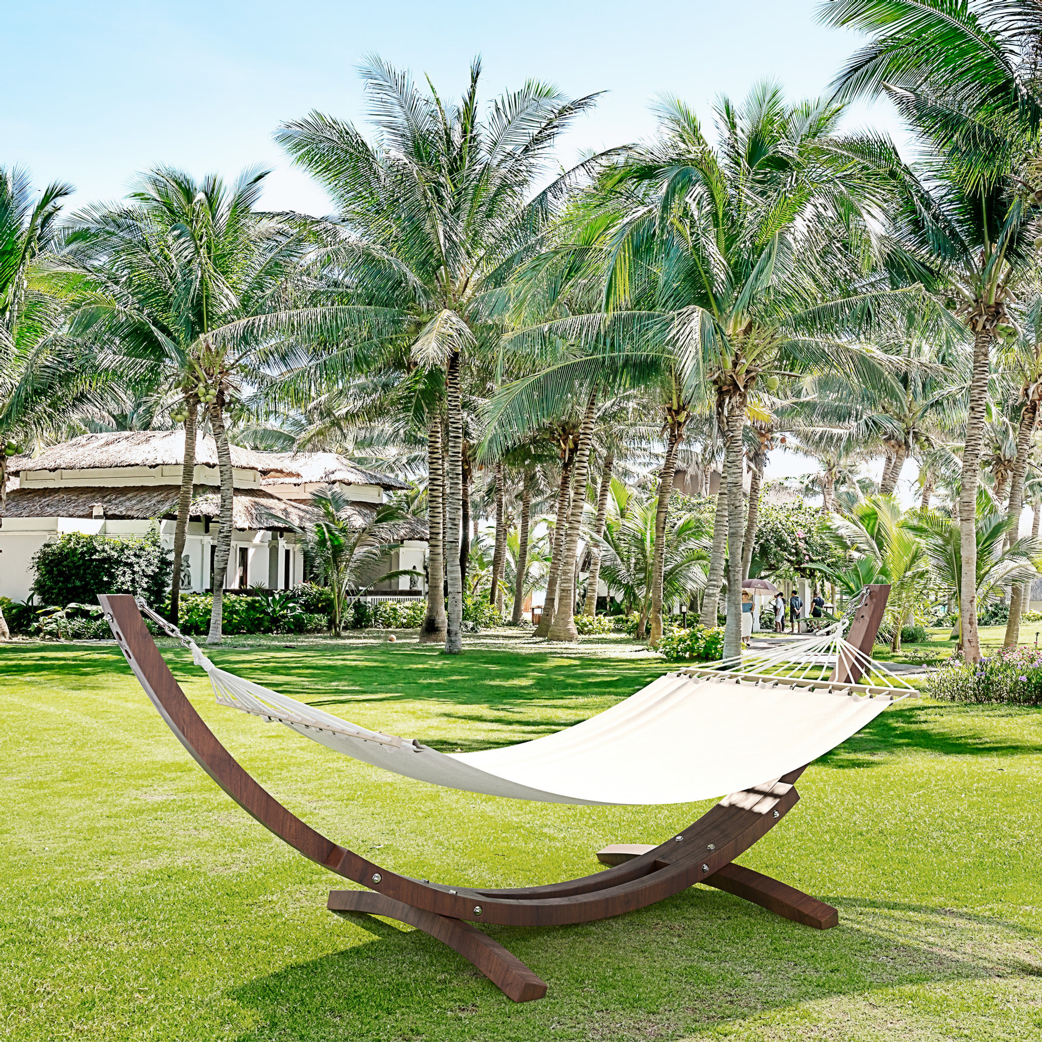 Amaca Da Giardino Supporto Legno Robusto Telo Cotone Resistente Portata Max 150 Kg Esterno Terrazzo Balcone Piscina Design 320 x 100 x 100 Cm Beige