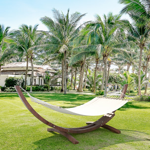 Amaca Da Giardino Supporto Legno Robusto Telo Cotone Resistente Portata Max 150 Kg Esterno Terrazzo Balcone Piscina Design 320 x 100 x 100 Cm Beige