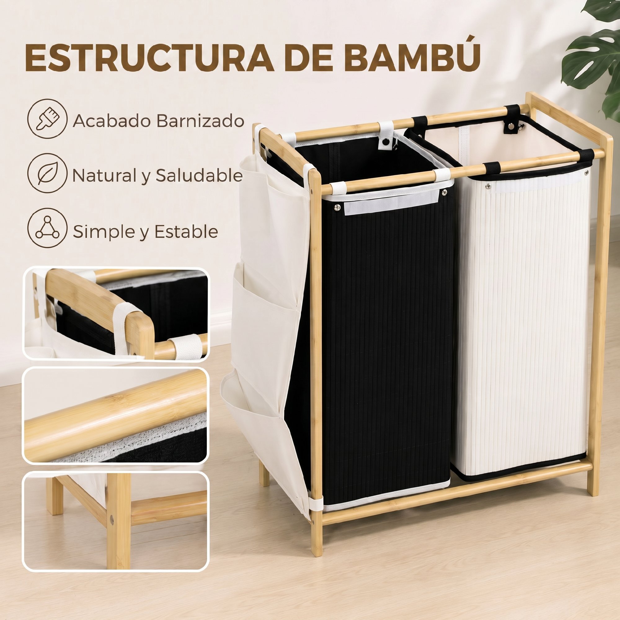 Cesto de Ropa Sucia con Tapa, 120L, Cesta de Ropa Sucia de Bambú con 2 Compartimentos, Bolsas Extraíbles y Lavables con Cordón, Bolsillos Laterales, para Lavandería, 63x33x78 cm, Blanco y Negro