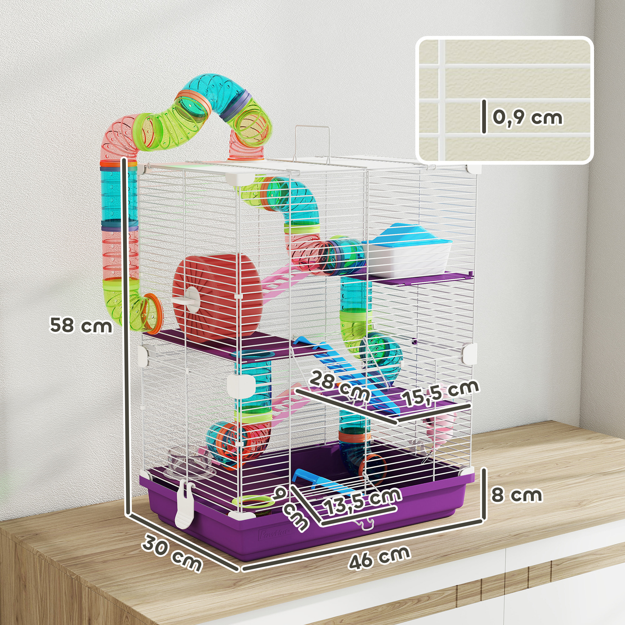 Cage pour hamster souris rongeur 4 étages avec tunnels mangeoire roue maison échelles dim. 46L x 30l x 58H cm violet