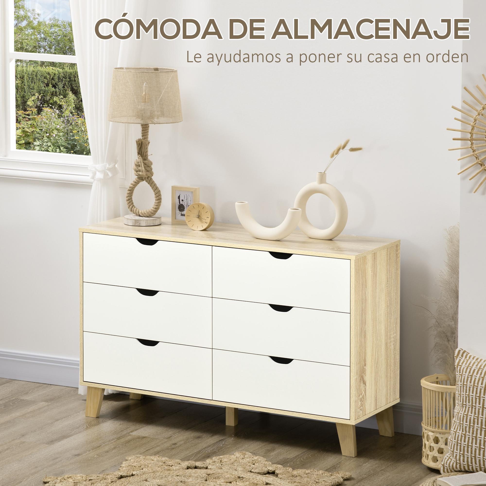 Cómoda con 6 Cajones Cajonera de Armario Mueble Organizador con Cajones para Cocina Dormitorio Salón Estudio Estilo Moderno Antivuelco 120x40x76 cm Natural y Blanco