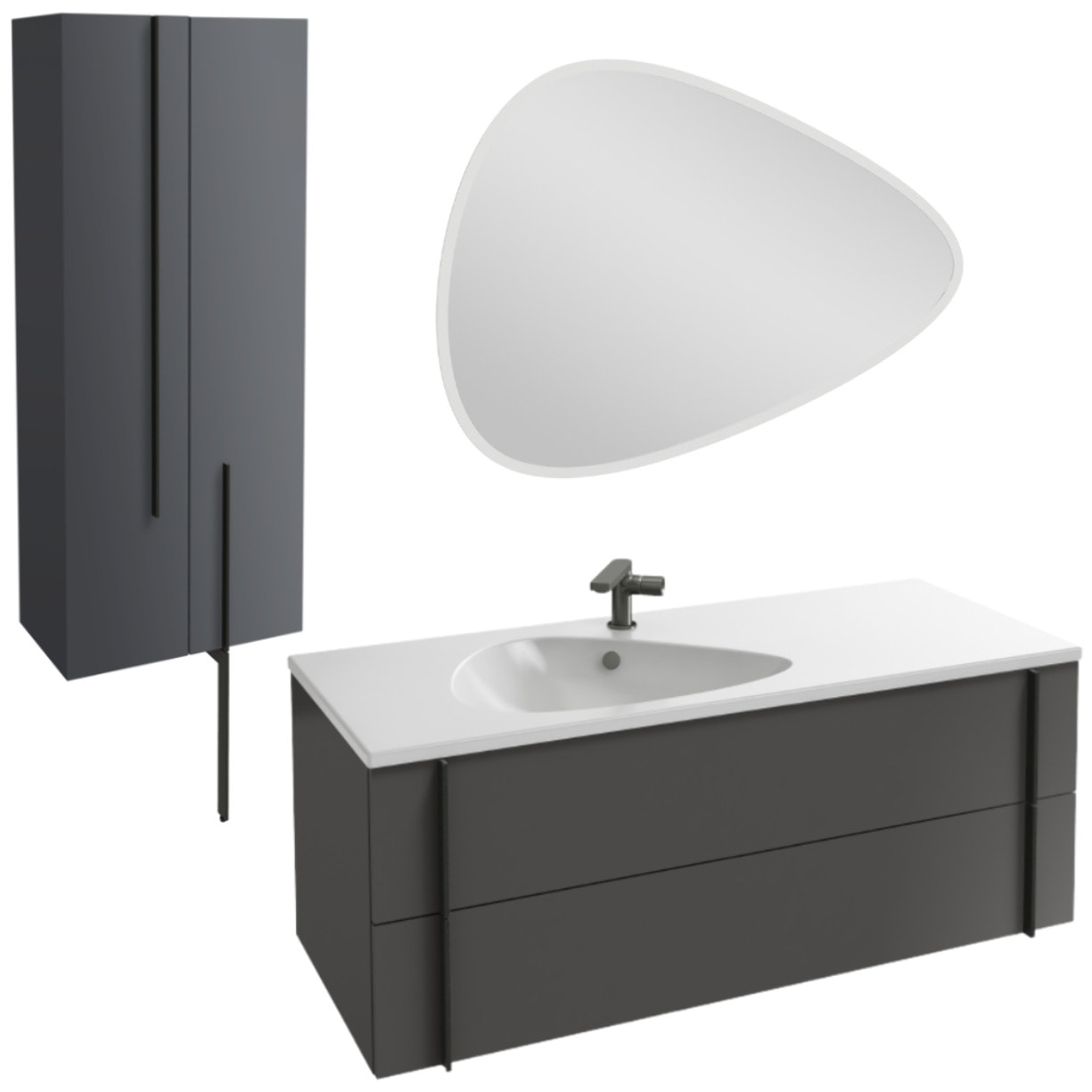 Meuble de salle de bain 120 cm Nouvelle Vague gris brillant + colonne 2 portes + miroir