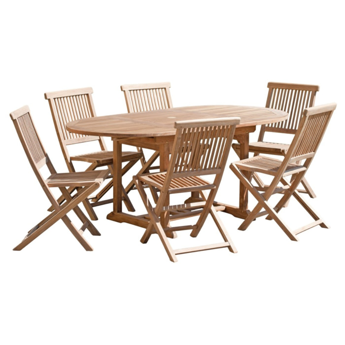 FUN - SALON DE JARDIN EN BOIS TECK 4/6 pers - Ensemble de jardin - 1 Table ovale extensible 120/180*90 cm et 6 chaises