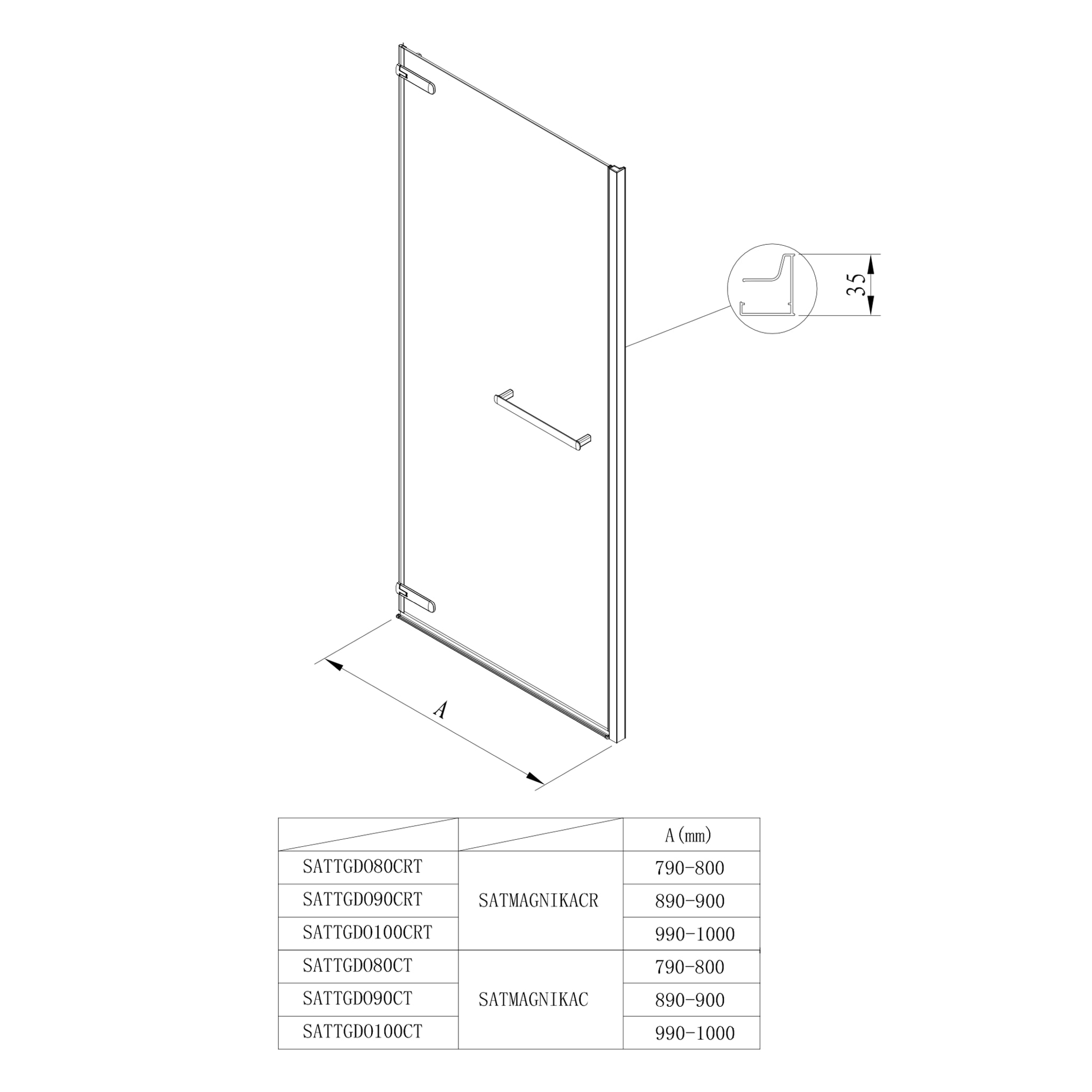 TGD NEW Porte de douche battante 80x200cm, verre transparent Easy Clean (SATTGDO80NIKAC)