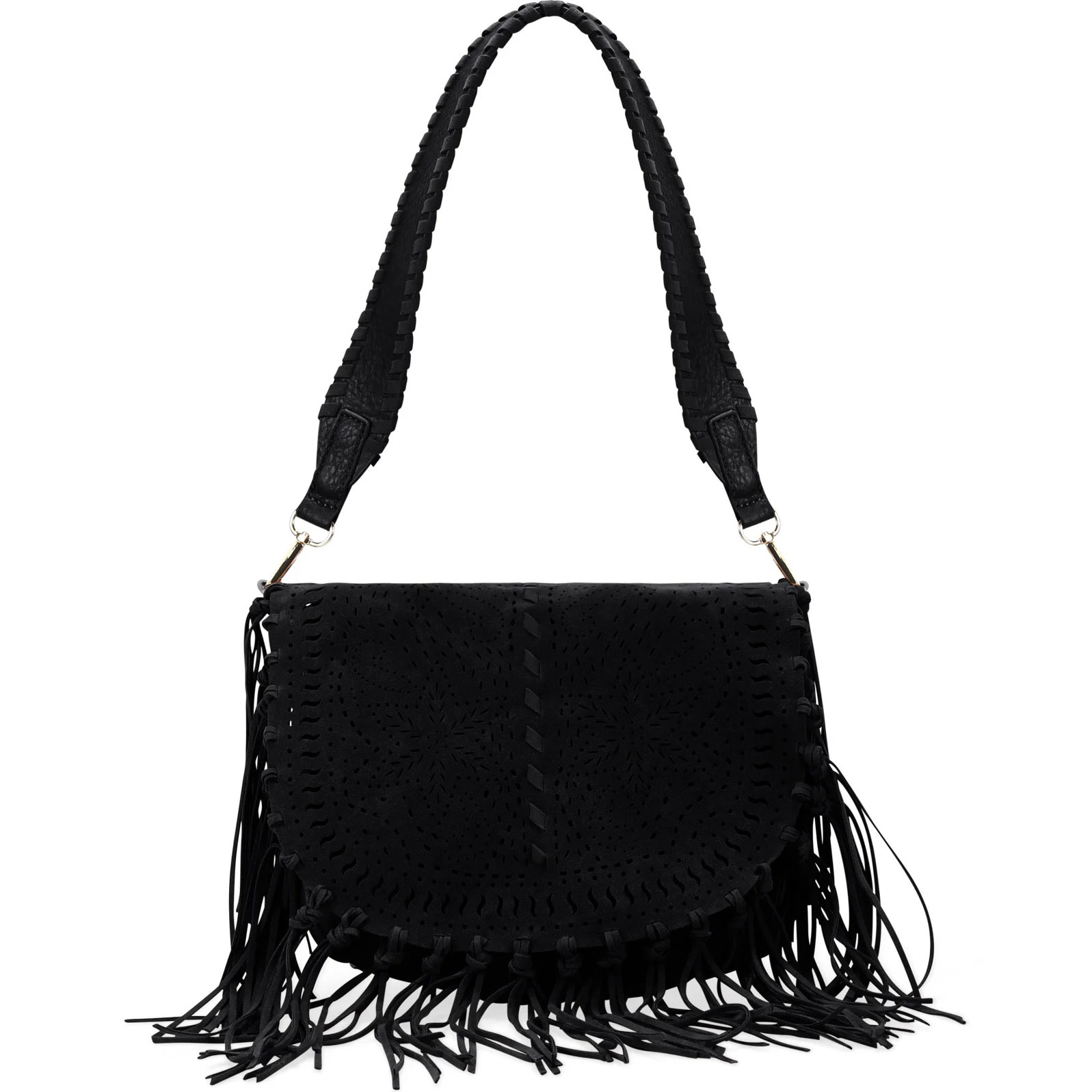 Bolso de hombro negro con solapa y flecos