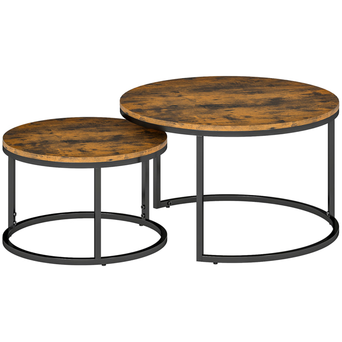 Lot de 2 tables basses rondes gigogne empilables piètement acier noir plateau aspect bois vieilli