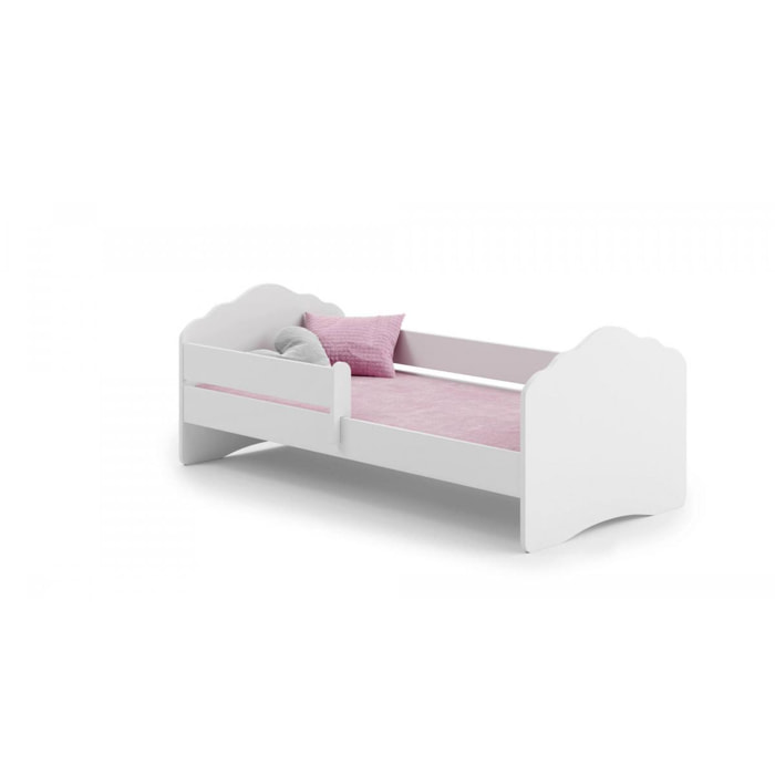 Letto singolo per bambini, Lettino per cameretta, Letto con protezione anticaduta e testiera a ''nuvola'', cm 144x78h58, colore Bianco