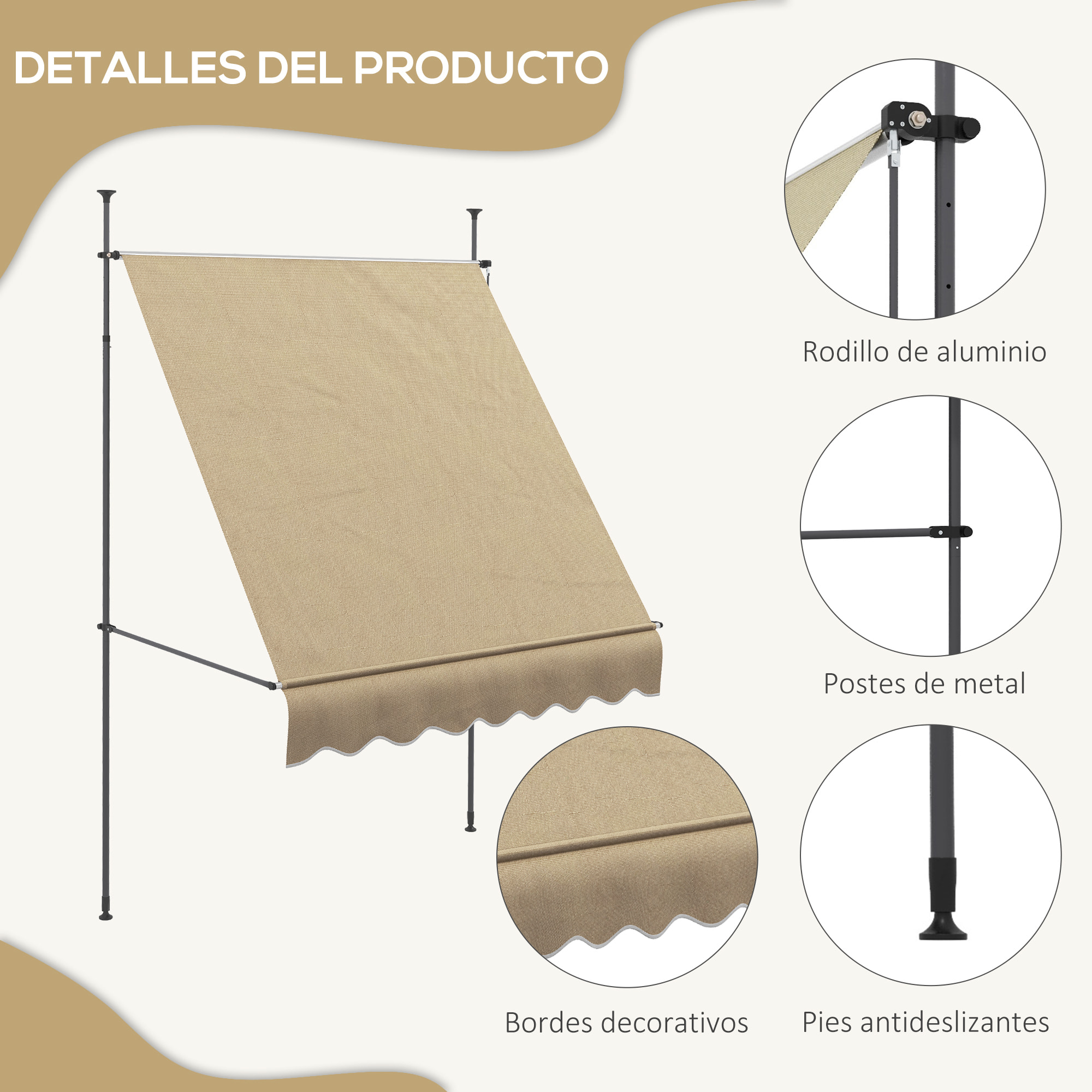 Toldo Manual Retráctil 2x1,2 m Toldo Exterior Terraza Enrollable Altura Ajustable con Manivela 210-300 cm Sin Taladro Protección UV30+ para Balcón Jardín Beige