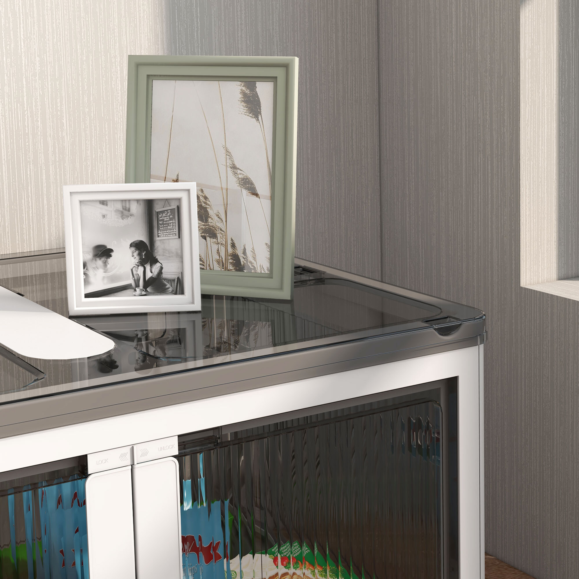 Boîte de rangement plastique 69L pliable empilable couvercle 4 roulettes accès 5 côtés blanc gris