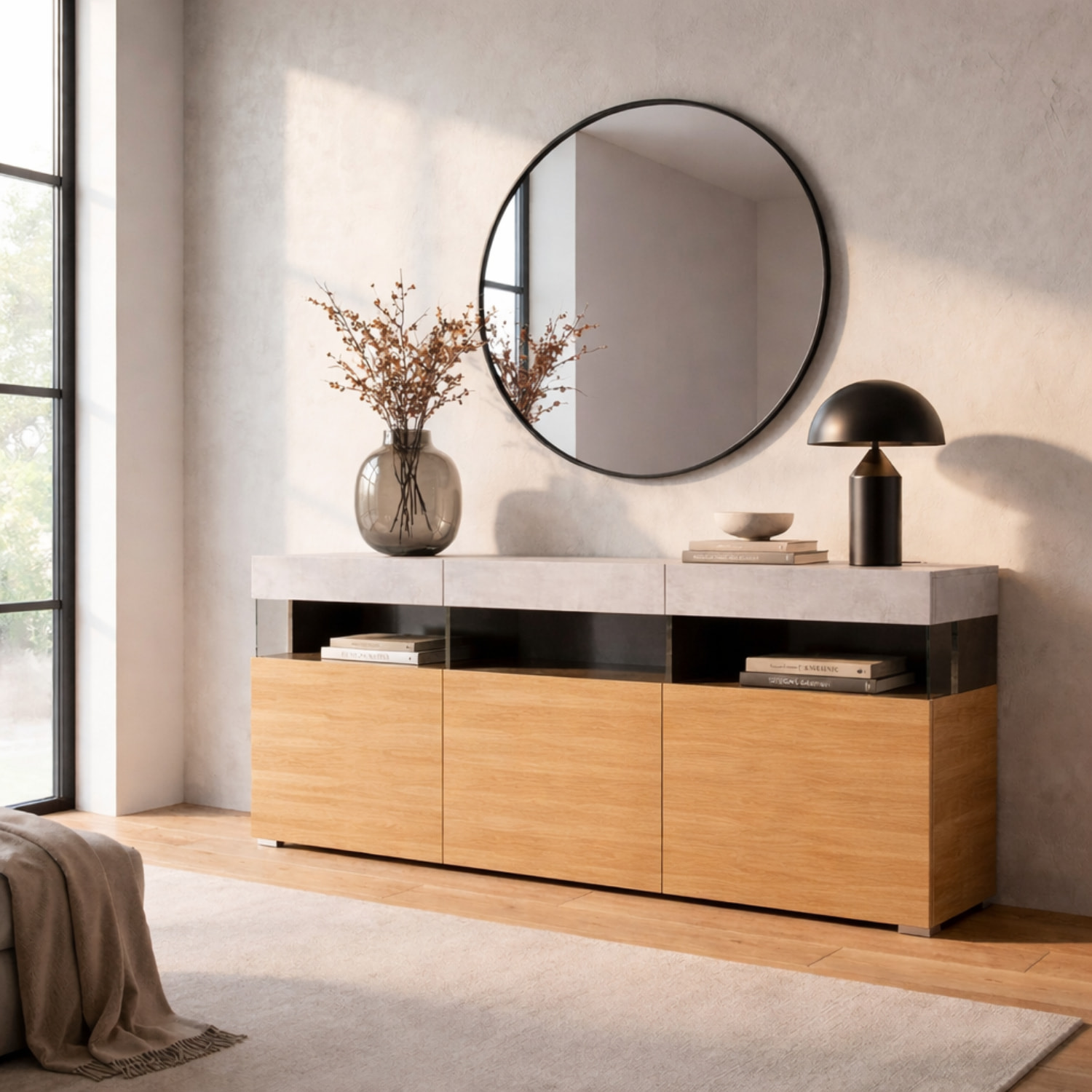 Madia Soggiorno 3 Ante Push-Pull 3 Vani A Giorno Vetro Mobile Credenza Moderna Per Zona Living Design Contemporaneo 180x 41.2x 80 Cm Noce E Cashmere