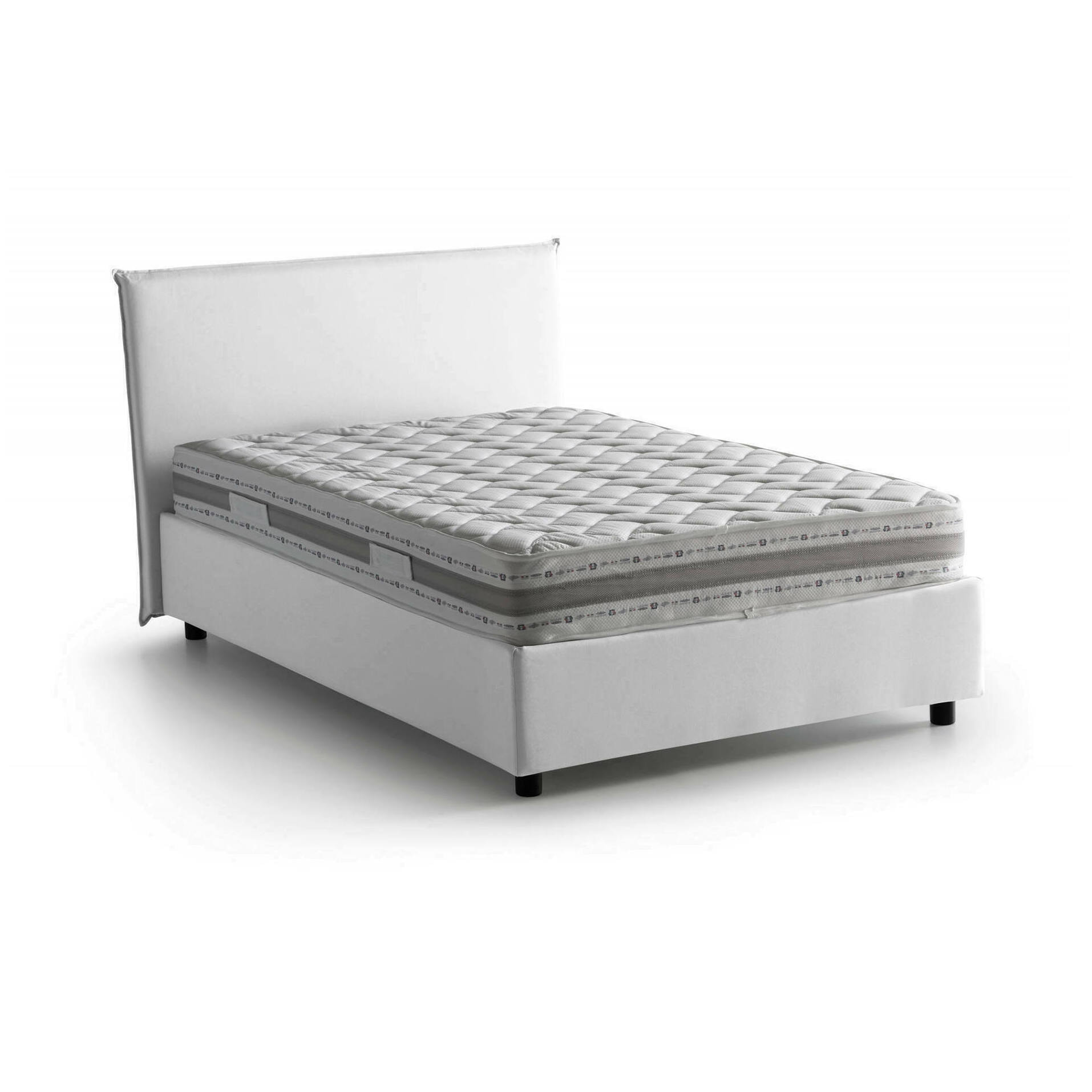 Letto piazza e mezza Asmara, Letto contenitore con rivestimento in tessuto, 100% Made in Italy, Apertura frontale, con materasso Cm 120x190 incluso, Bianco