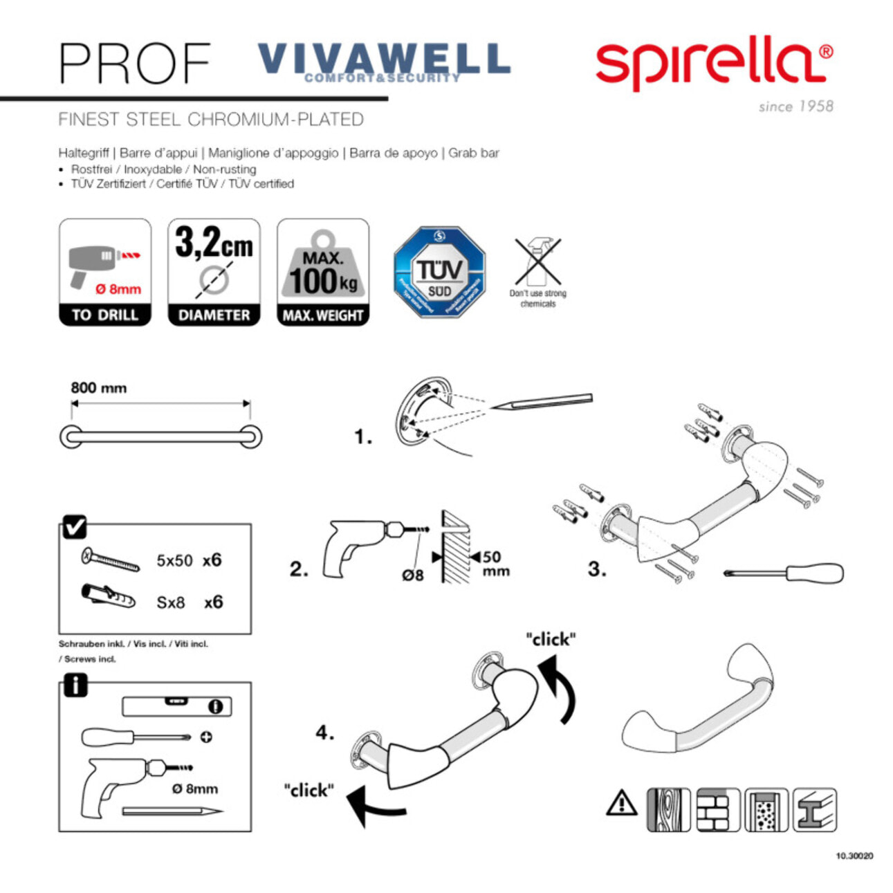 Barre de redressement ou d'appui PROF Acier Inox 80cm Chrome Spirella