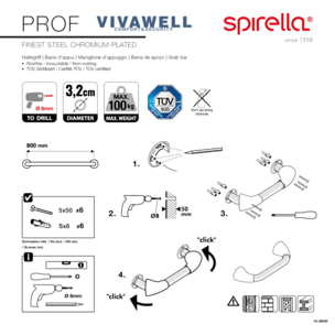 Barre de redressement ou d'appui PROF Acier Inox 80cm Chrome Spirella